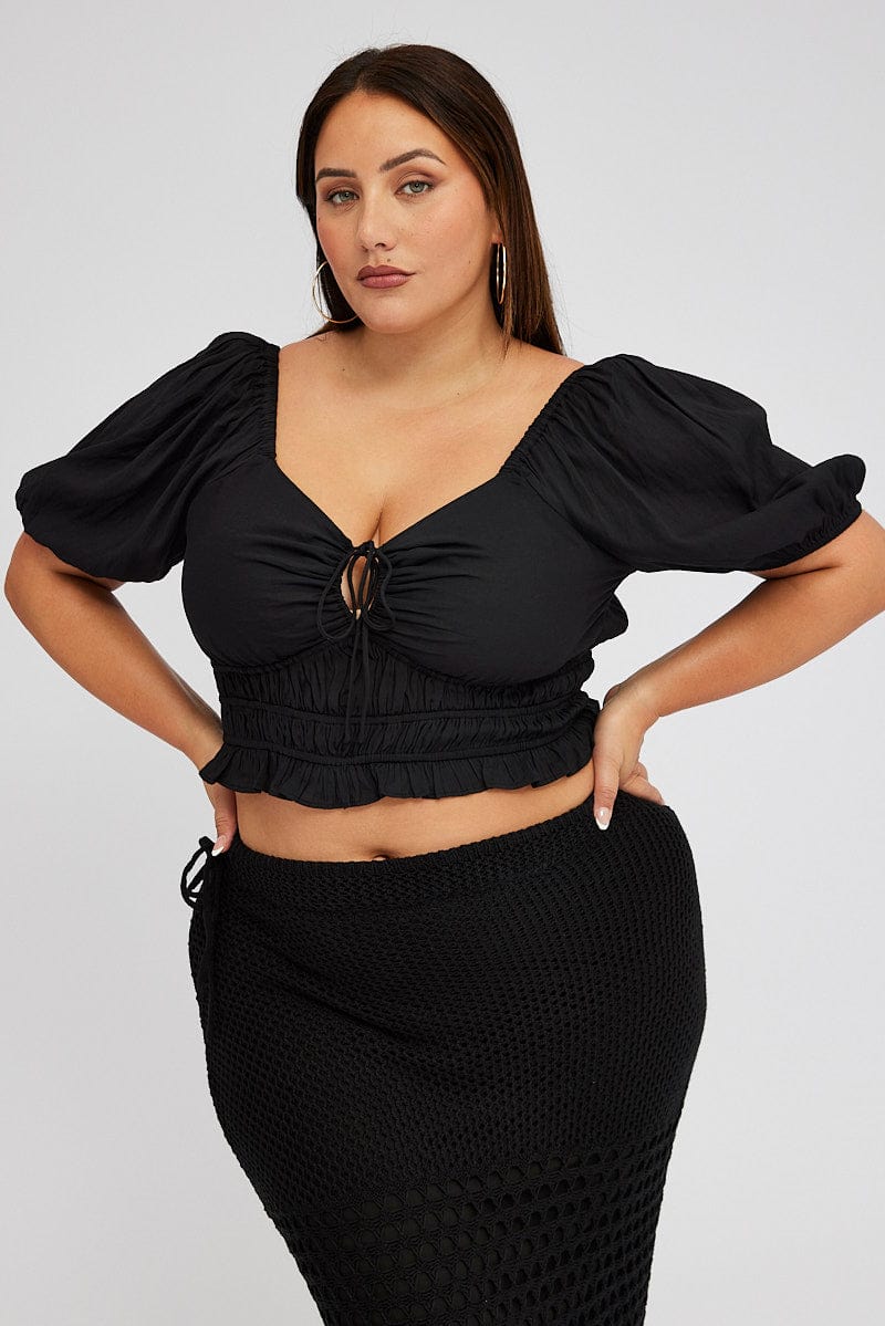 Black Peplum Top Short Sleeve Ruched Bust for YouandAll Fashion