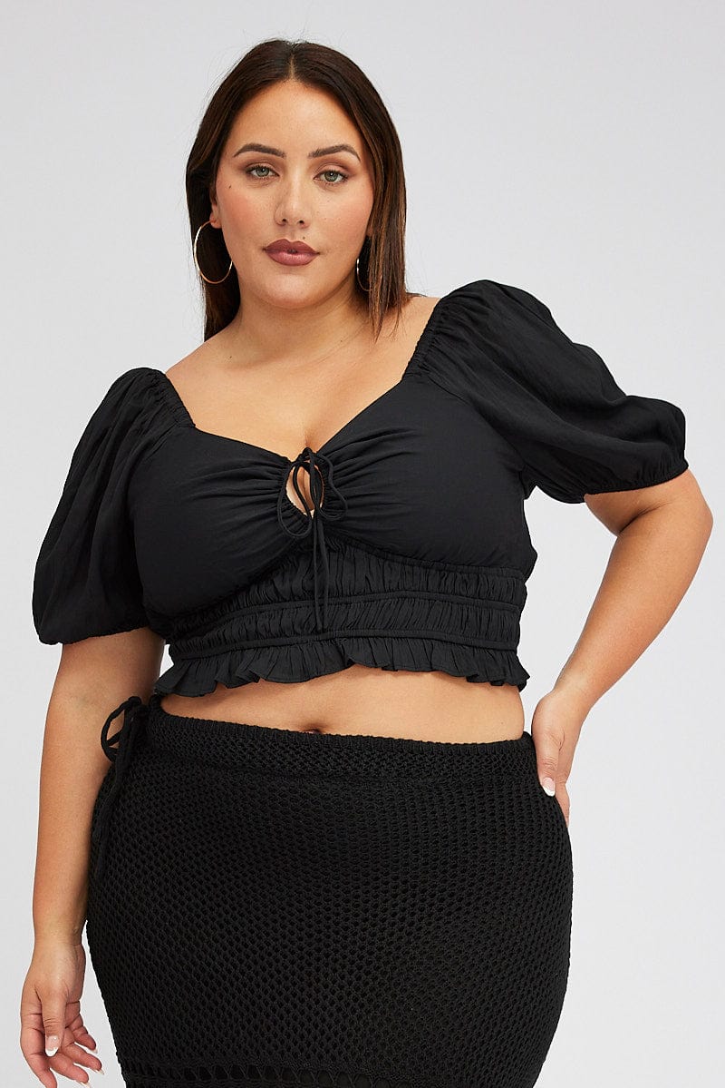 Black Peplum Top Short Sleeve Ruched Bust for YouandAll Fashion