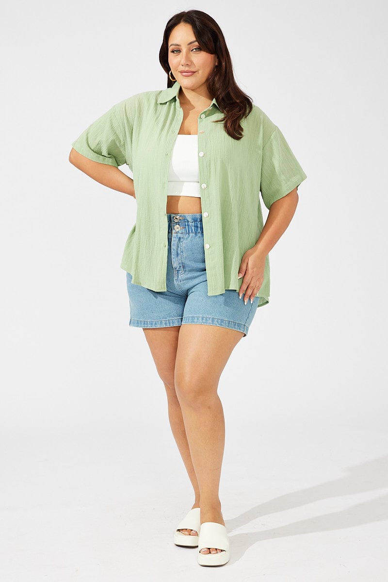 Green Relaxed Shirt Short Sleeve Textured for YouandAll Fashion