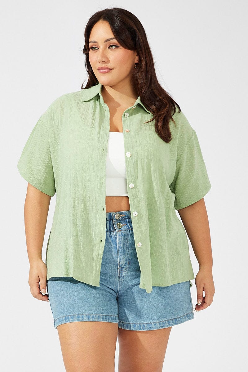 Green Relaxed Shirt Short Sleeve Textured for YouandAll Fashion