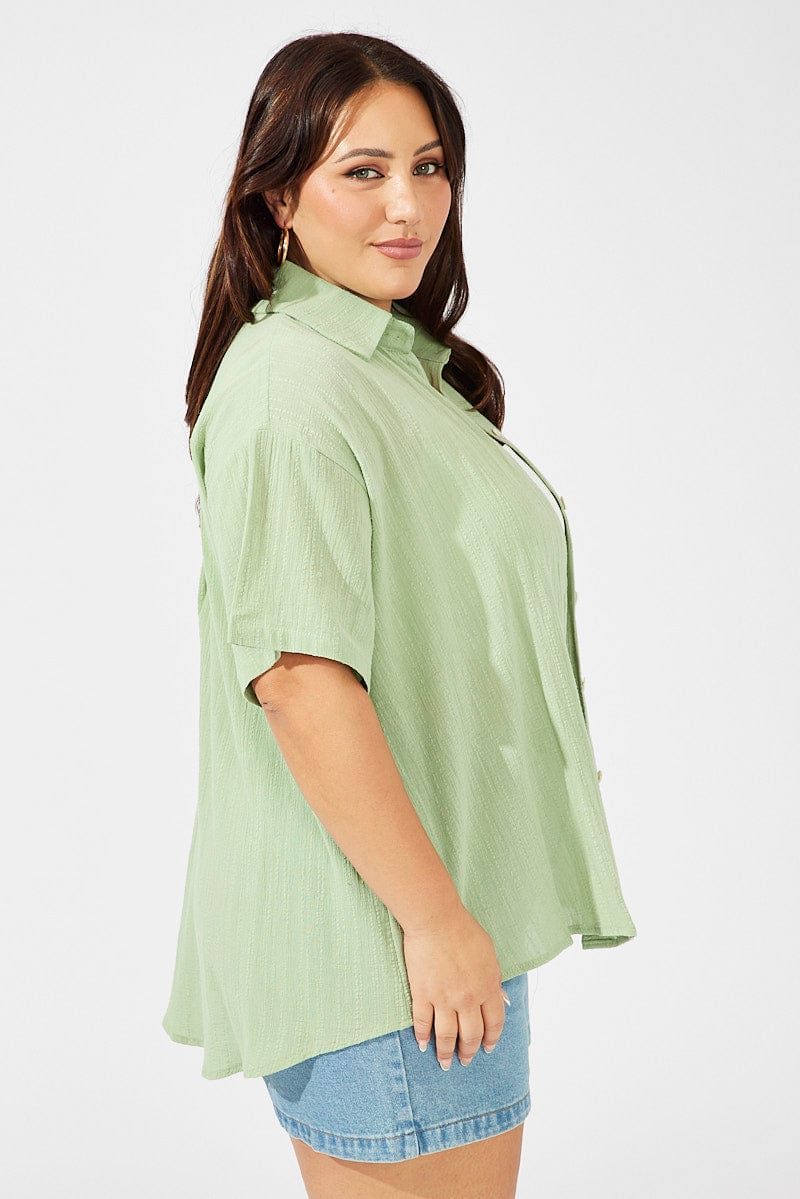 Green Relaxed Shirt Short Sleeve Textured for YouandAll Fashion