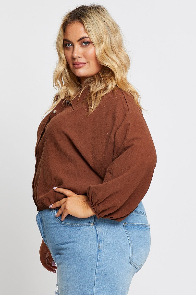 Brown Textured Shirt Off  Long Sleeve for Women by You and All