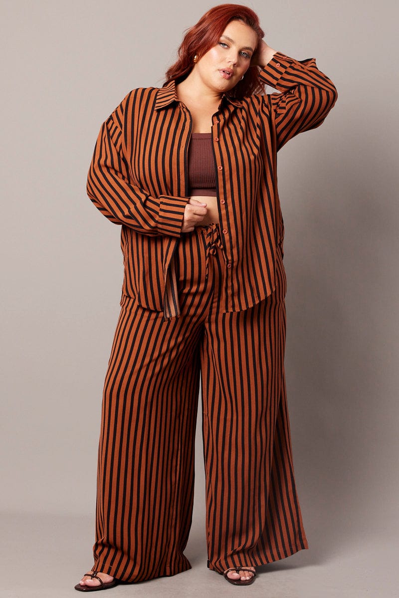 Brown Stripe Relaxed Shirt Long Sleeve for YouandAll Fashion