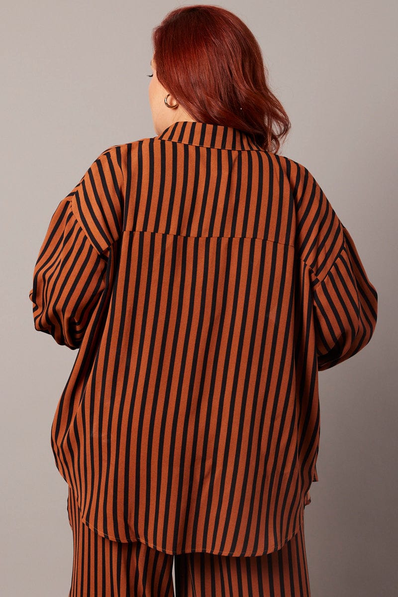 Brown Stripe Relaxed Shirt Long Sleeve for YouandAll Fashion