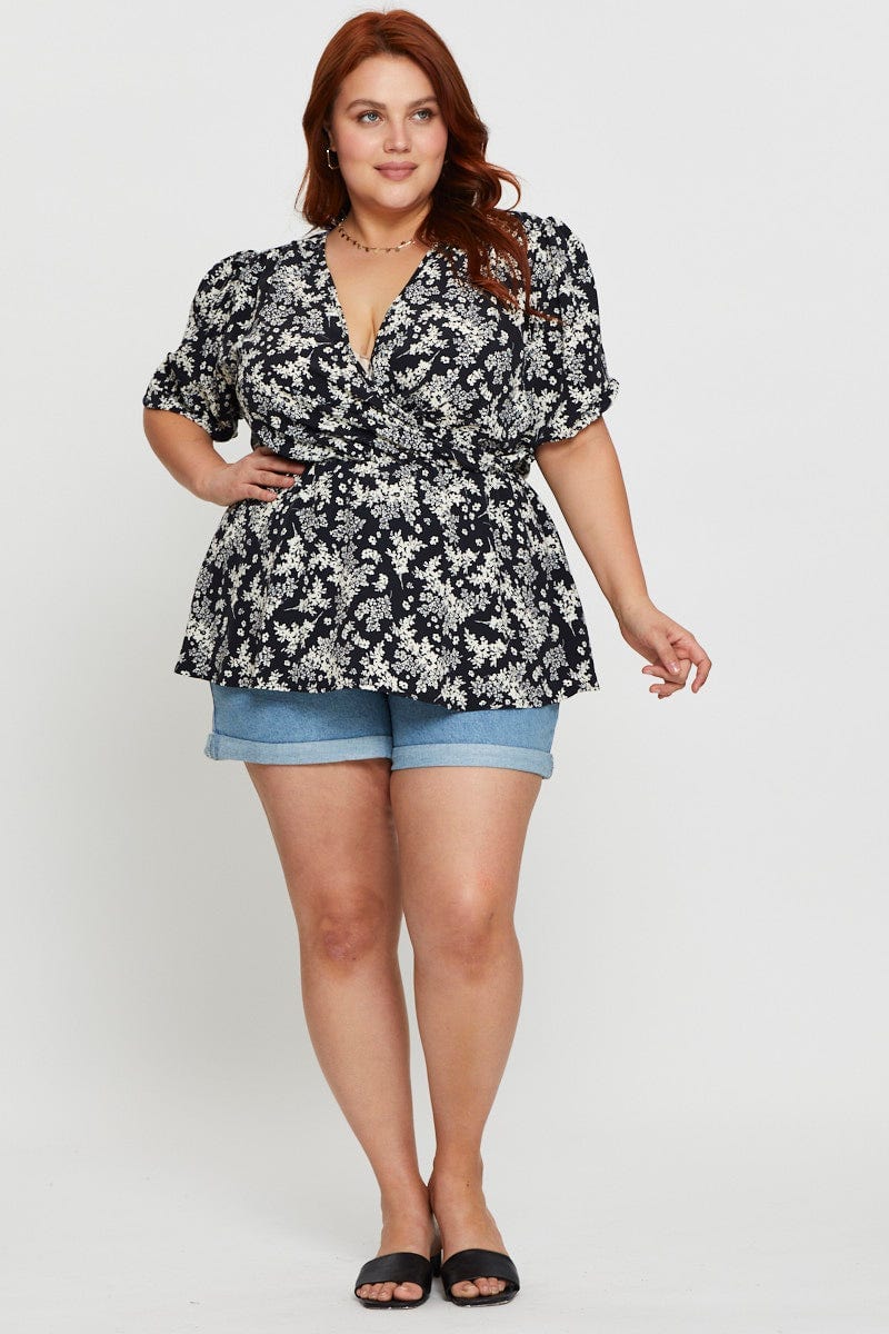 Floral Prt Peplum Top Short Sleeve Wrap For Women By You And All