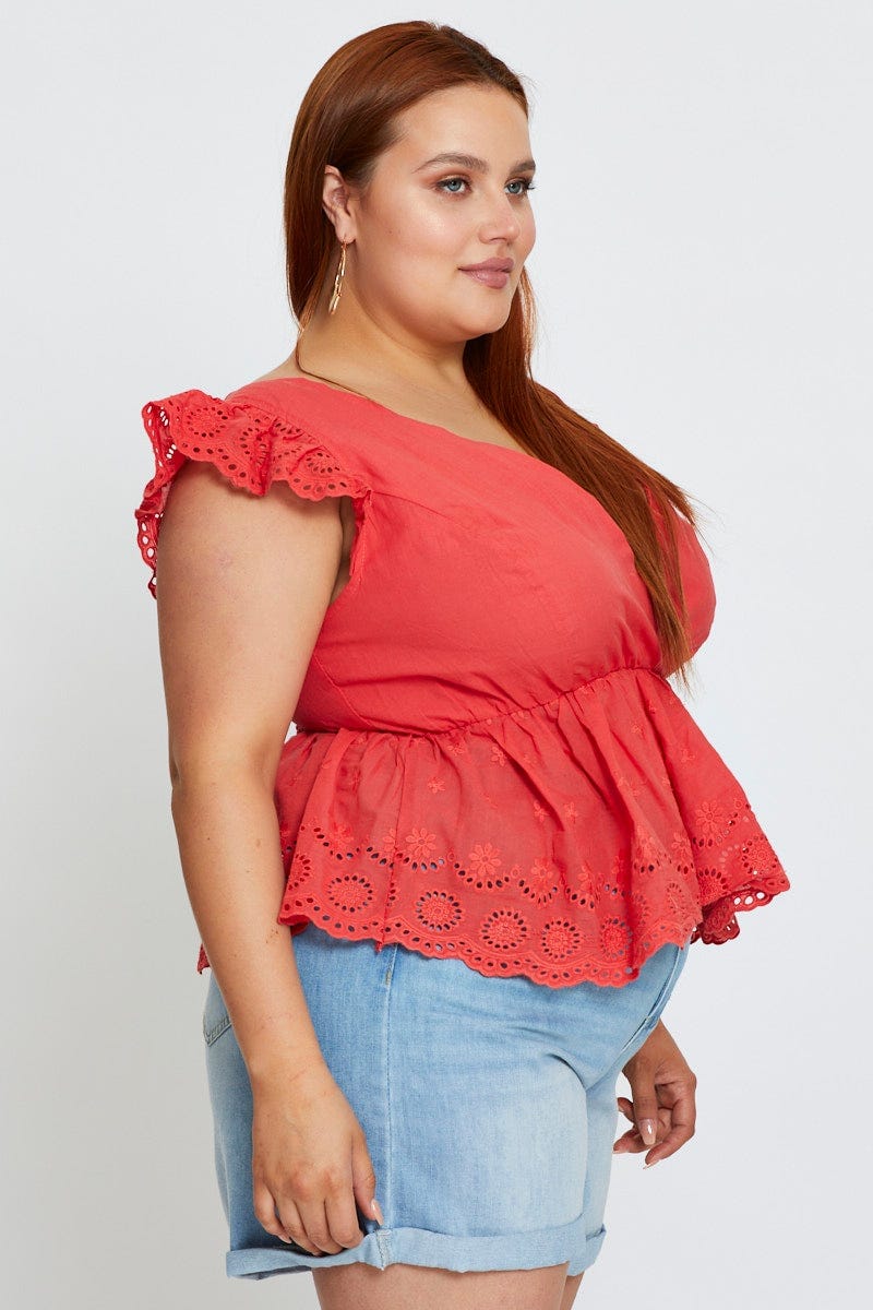 Orange Peplum Top Coral Short Sleeve Broderie for Women by You and All
