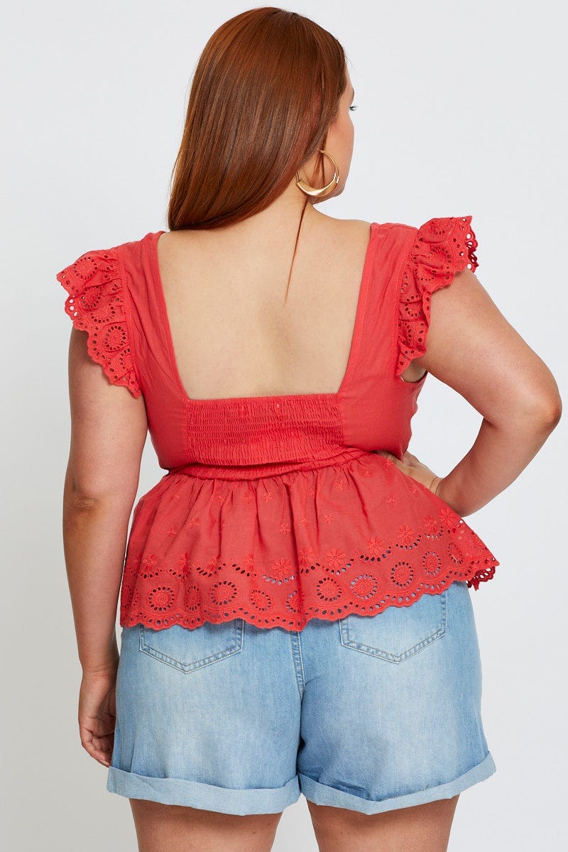 Orange Peplum Top Coral Short Sleeve Broderie for Women by You and All