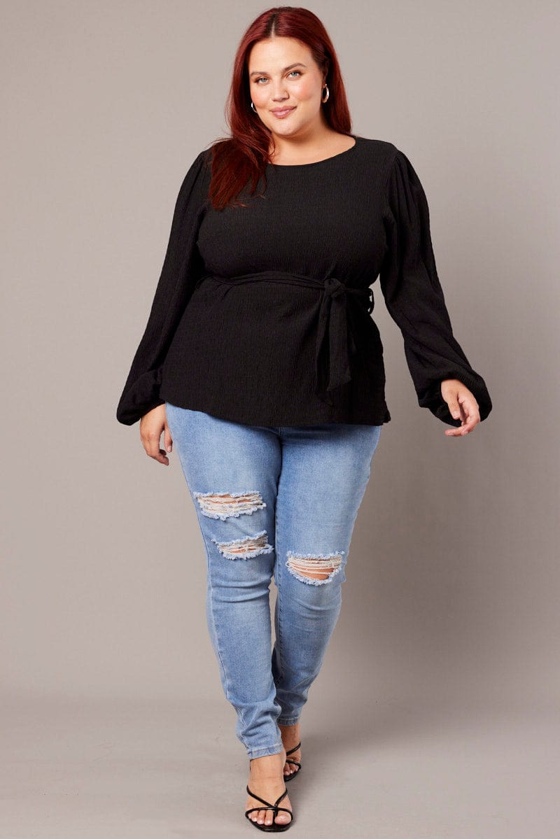 Black Belted Top Long Sleeve Textured for YouandAll Fashion