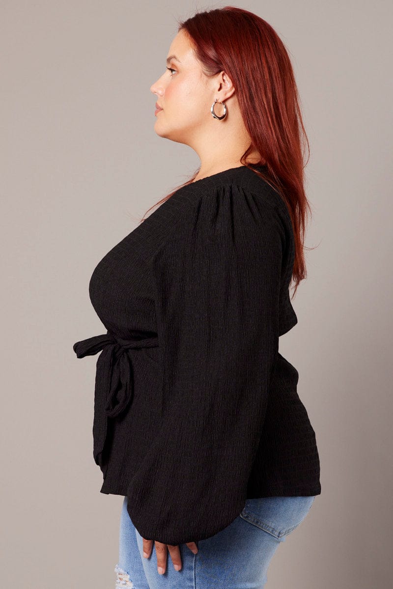 Black Belted Top Long Sleeve Textured for YouandAll Fashion