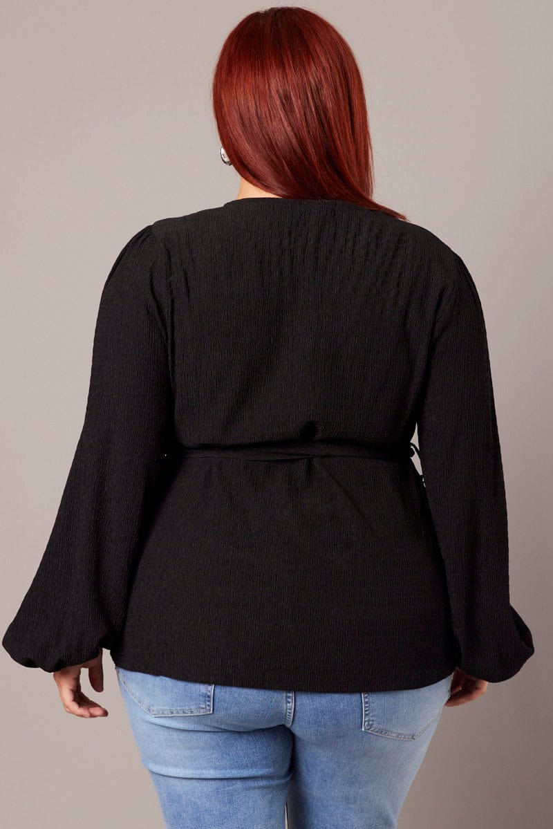 Black Belted Top Long Sleeve Textured for YouandAll Fashion