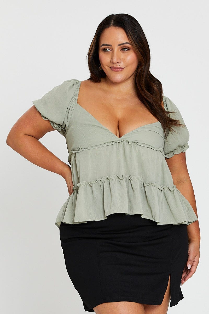 Green Frill Top Pale Short Sleeve Tie For Women By You And All
