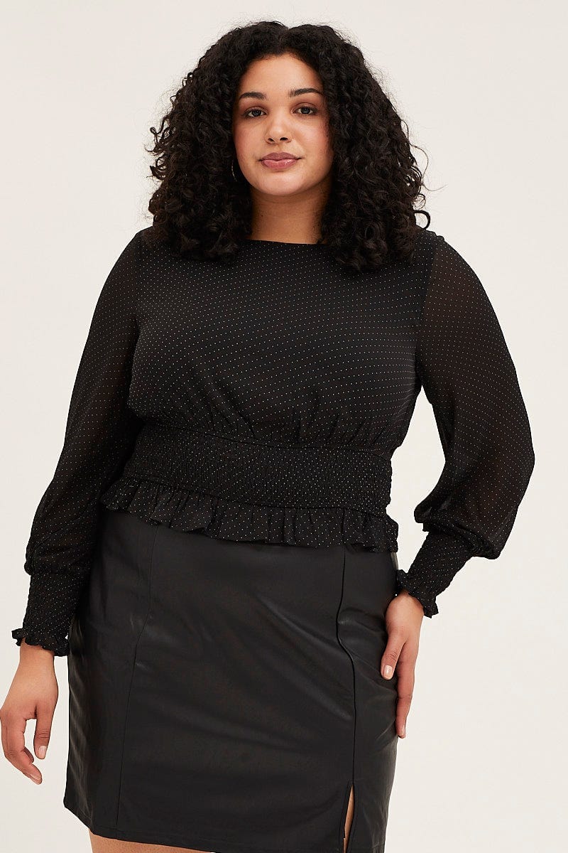 Black Long Sleeve Waist Shirred Top For Women By You And All