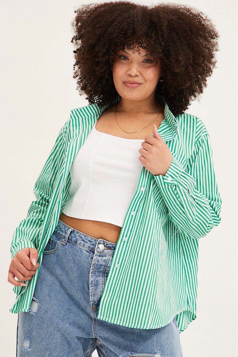 Green Stripe Oversized Shirts Button Through