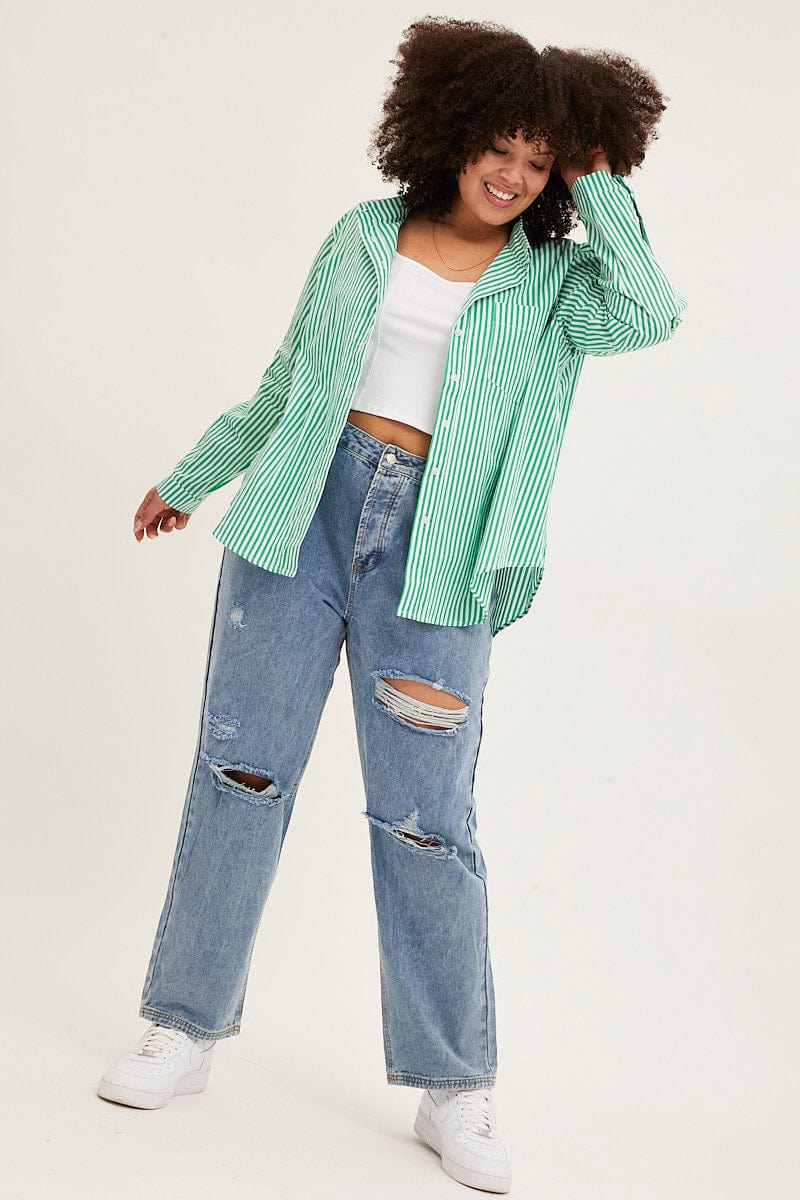 Green Stripe Oversized Shirts Button Through