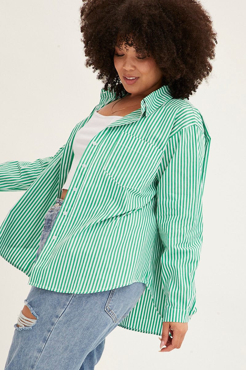 Green Stripe Oversized Shirts Button Through