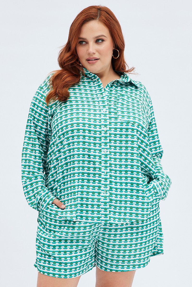 Green Geo Relaxed Shirt Long Sleeve for YouandAll Fashion