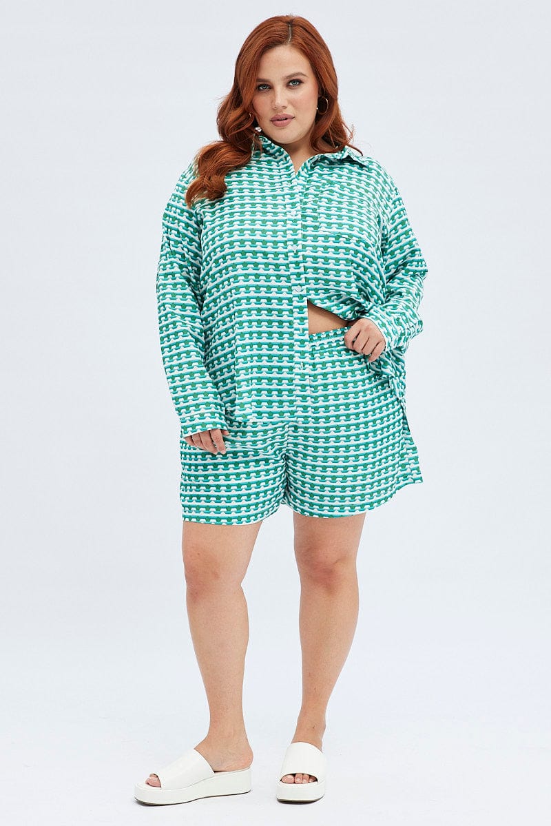 Green Geo Relaxed Shirt Long Sleeve for YouandAll Fashion