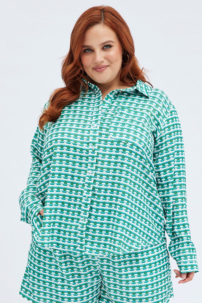 Green Geo Relaxed Shirt Long Sleeve for YouandAll Fashion