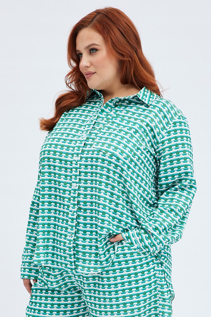 Green Geo Relaxed Shirt Long Sleeve for YouandAll Fashion