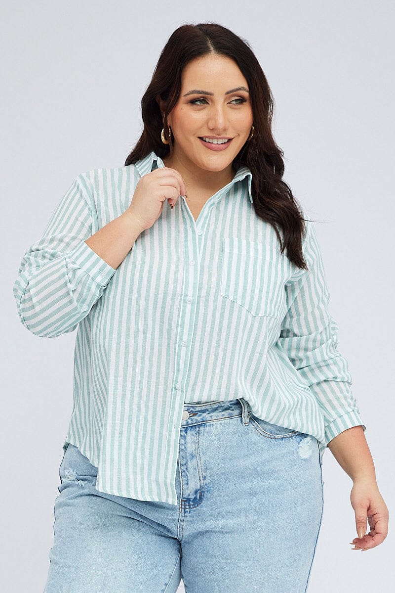 Green Stripe Relaxed Shirt Long Sleeve for YouandAll Fashion