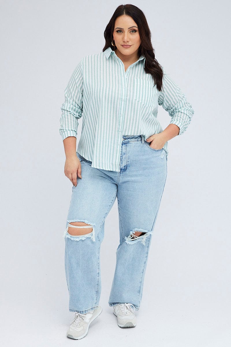 Green Stripe Relaxed Shirt Long Sleeve for YouandAll Fashion