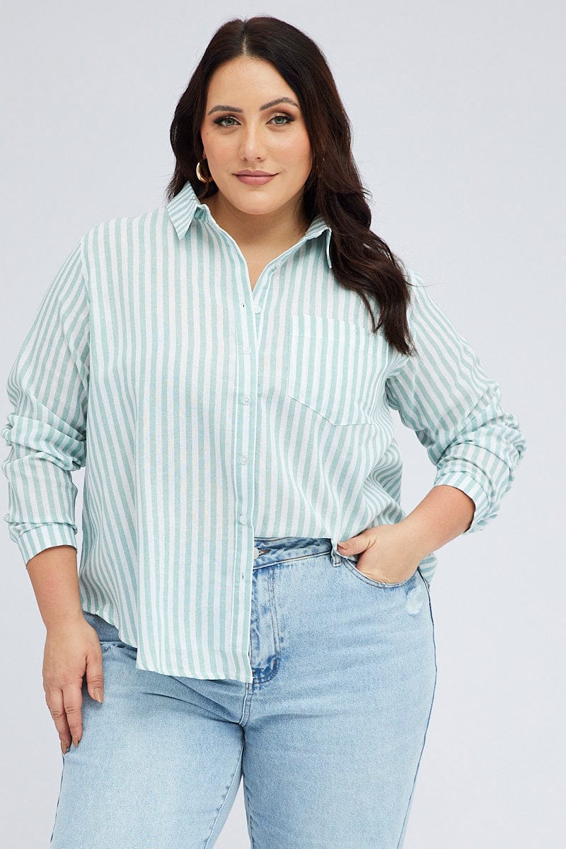 Green Stripe Relaxed Shirt Long Sleeve for YouandAll Fashion