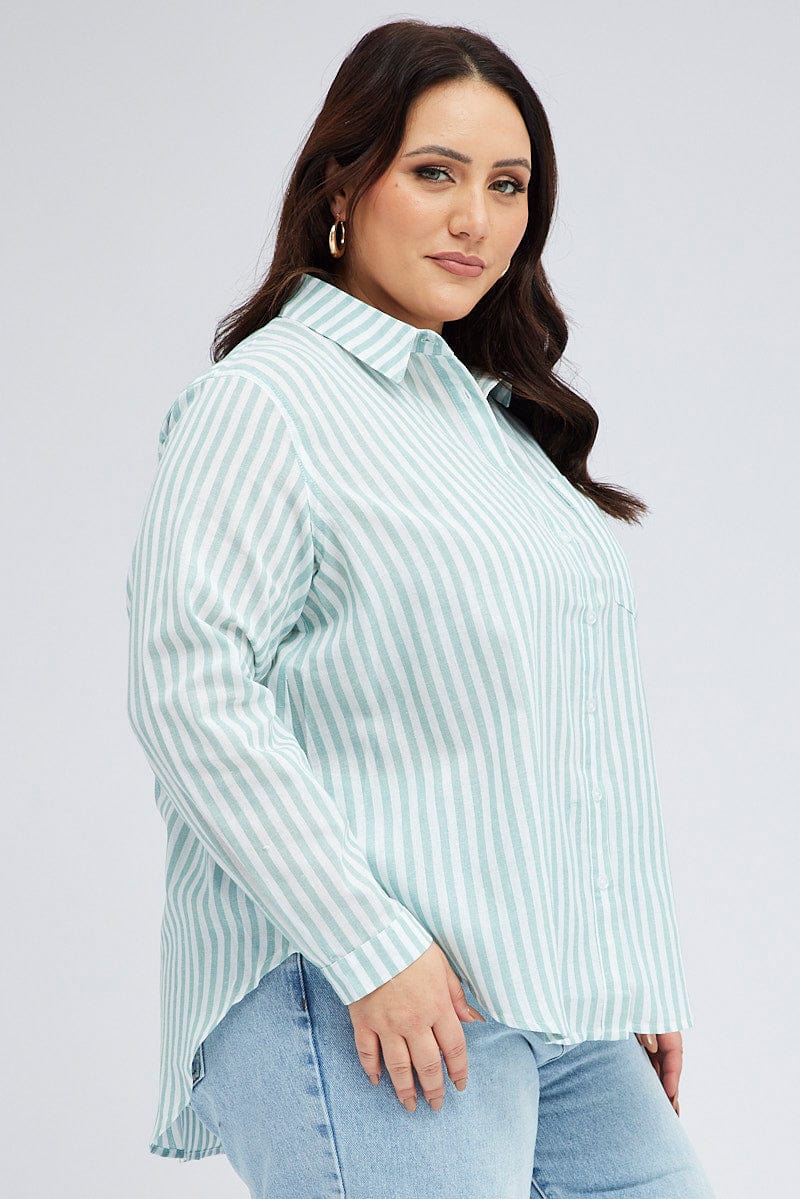 Green Stripe Relaxed Shirt Long Sleeve for YouandAll Fashion