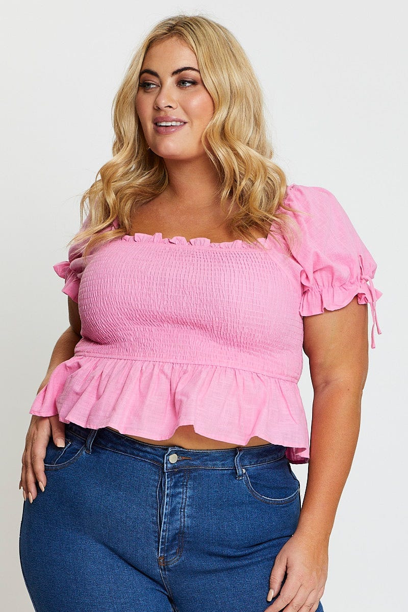 Pink Crop Top  Short Sleeve  Tie Front for Women by You and All