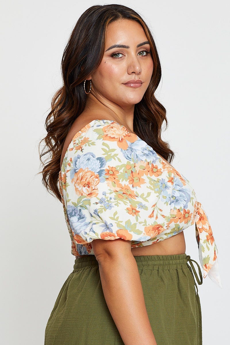 Floral Prt Crop Top Short Sleeve Tie Front For Women By You And All
