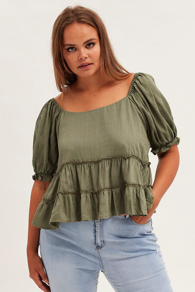 GREEN Tiered Top Short Sleeve Relaxed Linen Blend for YouandAll Fashion