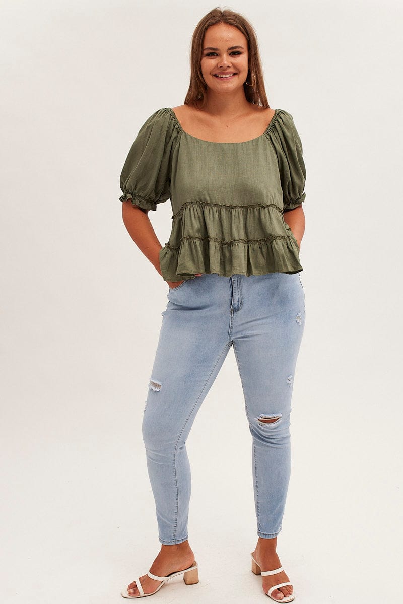 GREEN Tiered Top Short Sleeve Relaxed Linen Blend for YouandAll Fashion