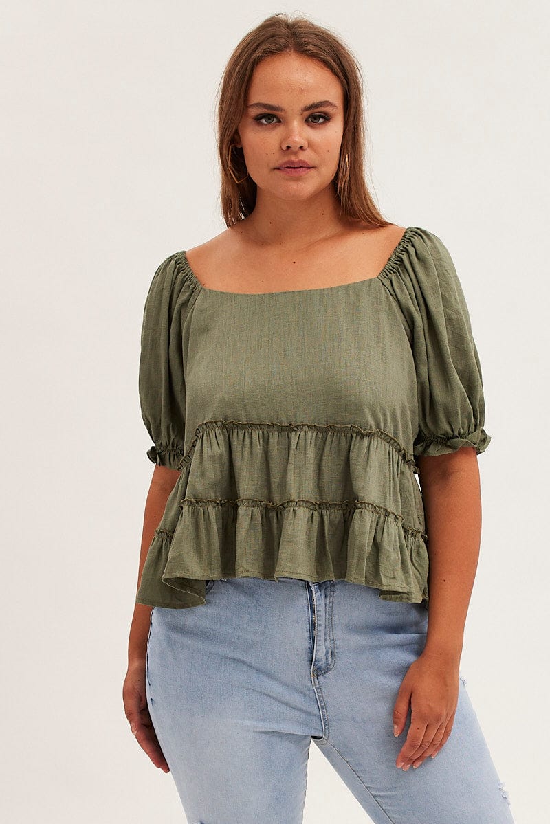 GREEN Tiered Top Short Sleeve Relaxed Linen Blend for YouandAll Fashion