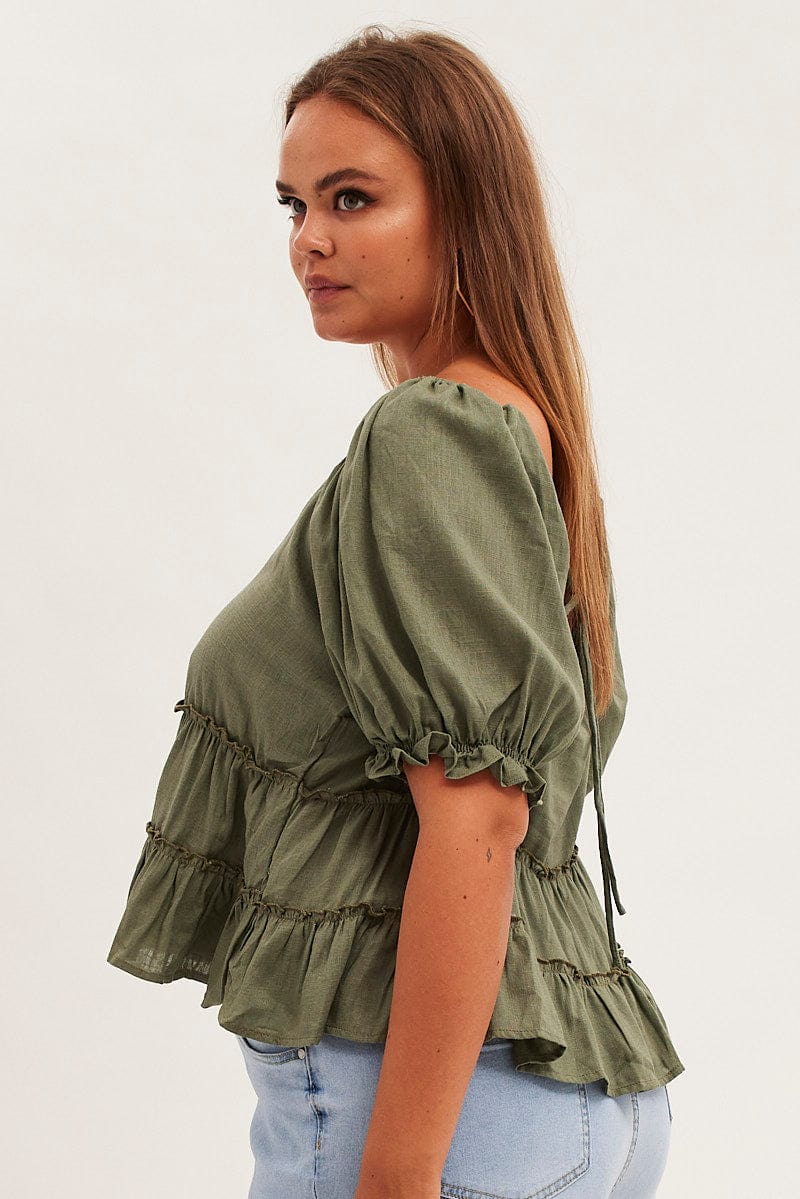 GREEN Tiered Top Short Sleeve Relaxed Linen Blend for YouandAll Fashion