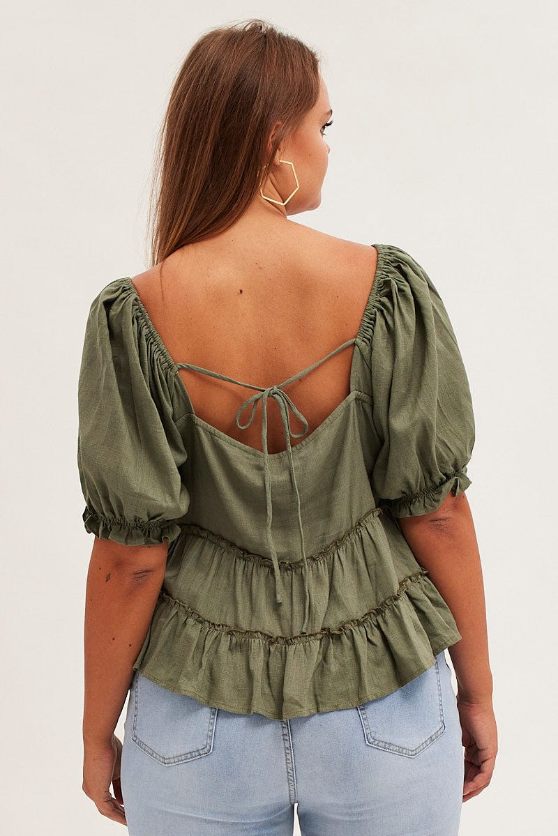 GREEN Tiered Top Short Sleeve Relaxed Linen Blend for YouandAll Fashion