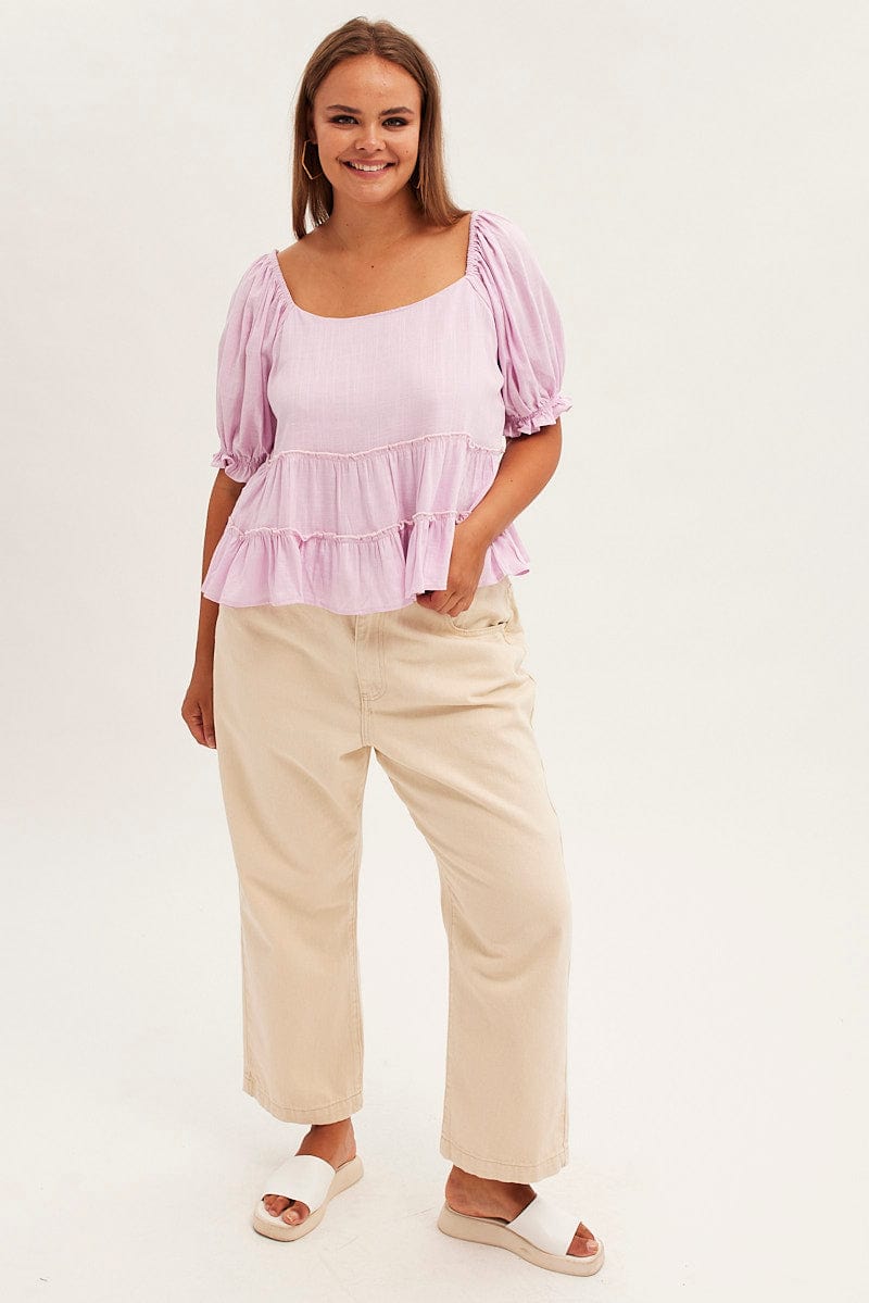 PURPLE Tiered Top Short Sleeve Relaxed Linen Blend for YouandAll Fashion