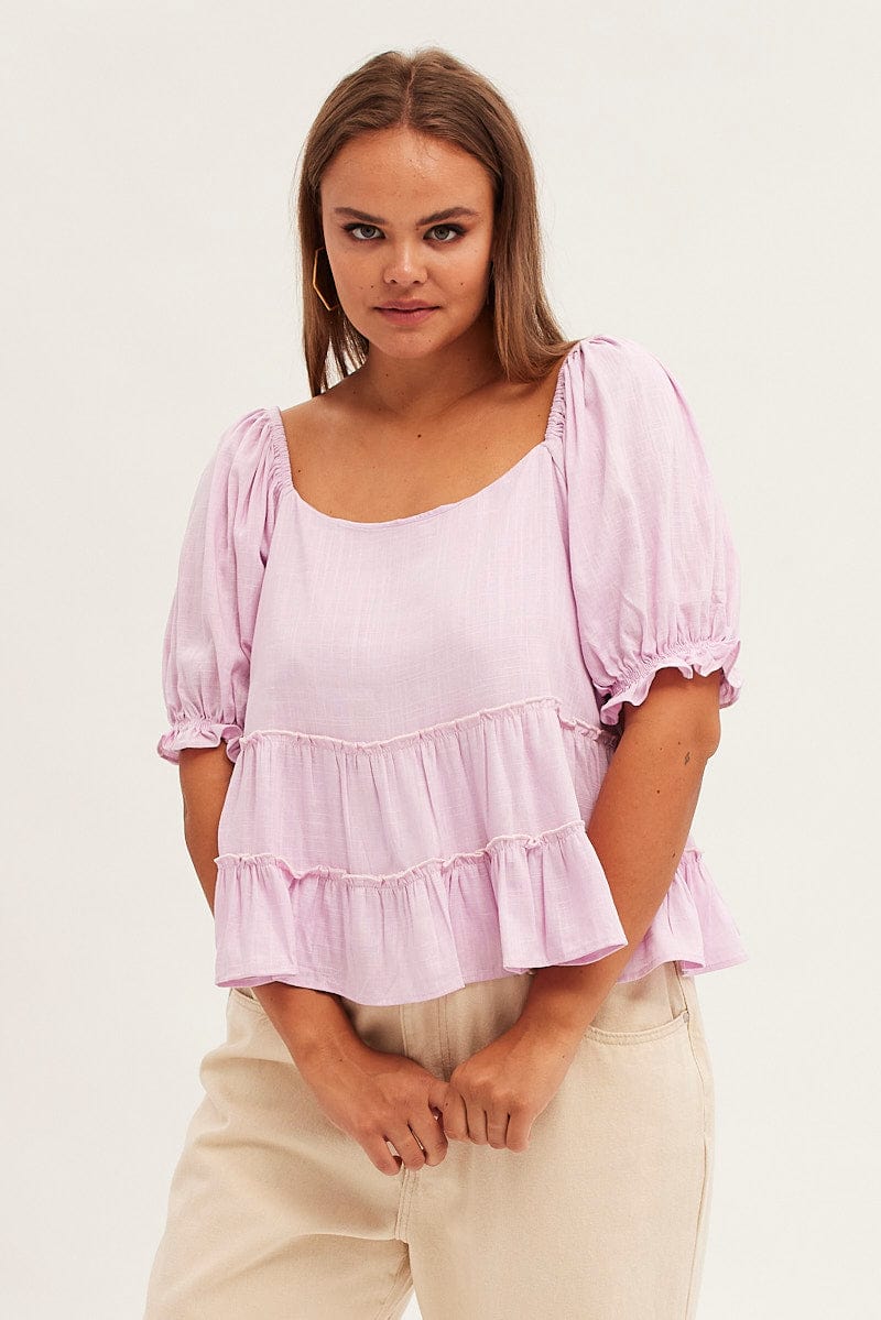 PURPLE Tiered Top Short Sleeve Relaxed Linen Blend for YouandAll Fashion