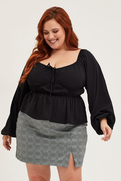 Plus Size Black Peplum Top Long Sleeve Ruched | You + All