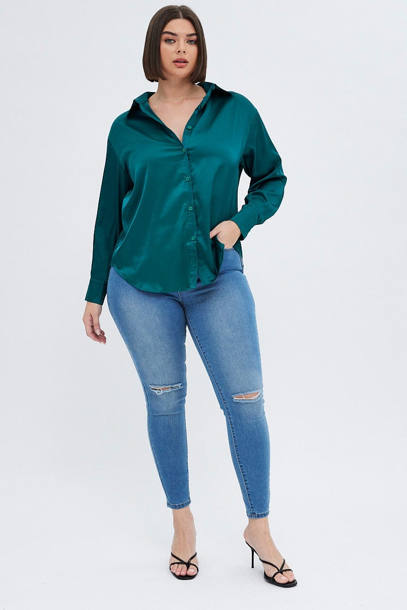 Green Relaxed Shirt Long Sleeve Satin for YouandAll Fashion