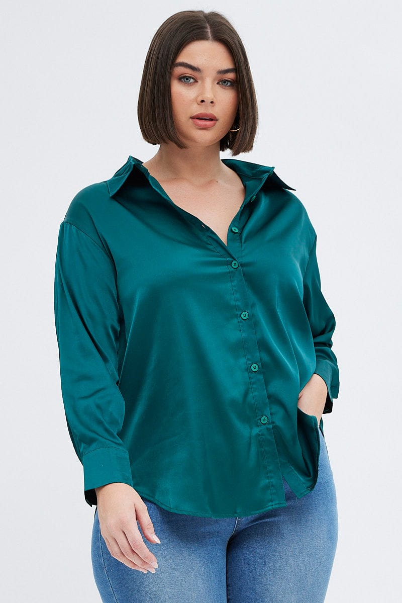 Green Relaxed Shirt Long Sleeve Satin for YouandAll Fashion