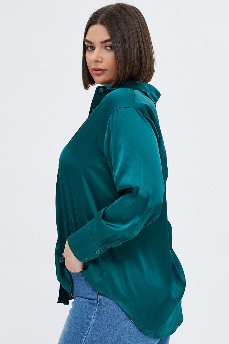 Green Relaxed Shirt Long Sleeve Satin for YouandAll Fashion