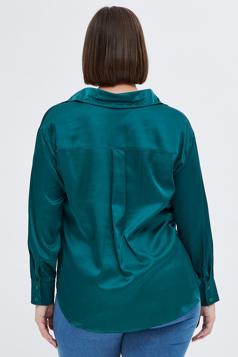 Green Relaxed Shirt Long Sleeve Satin for YouandAll Fashion