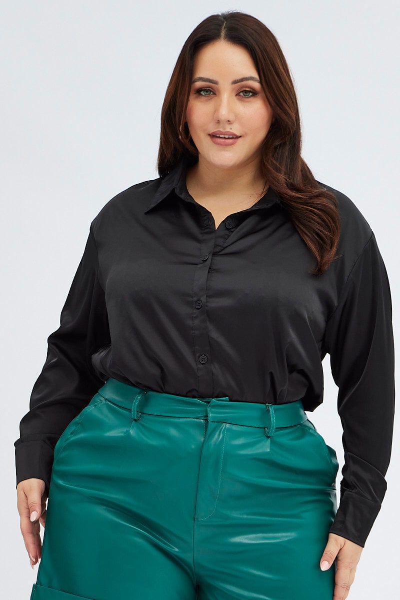 Black Relaxed Shirt Long Sleeve Satin for YouandAll Fashion