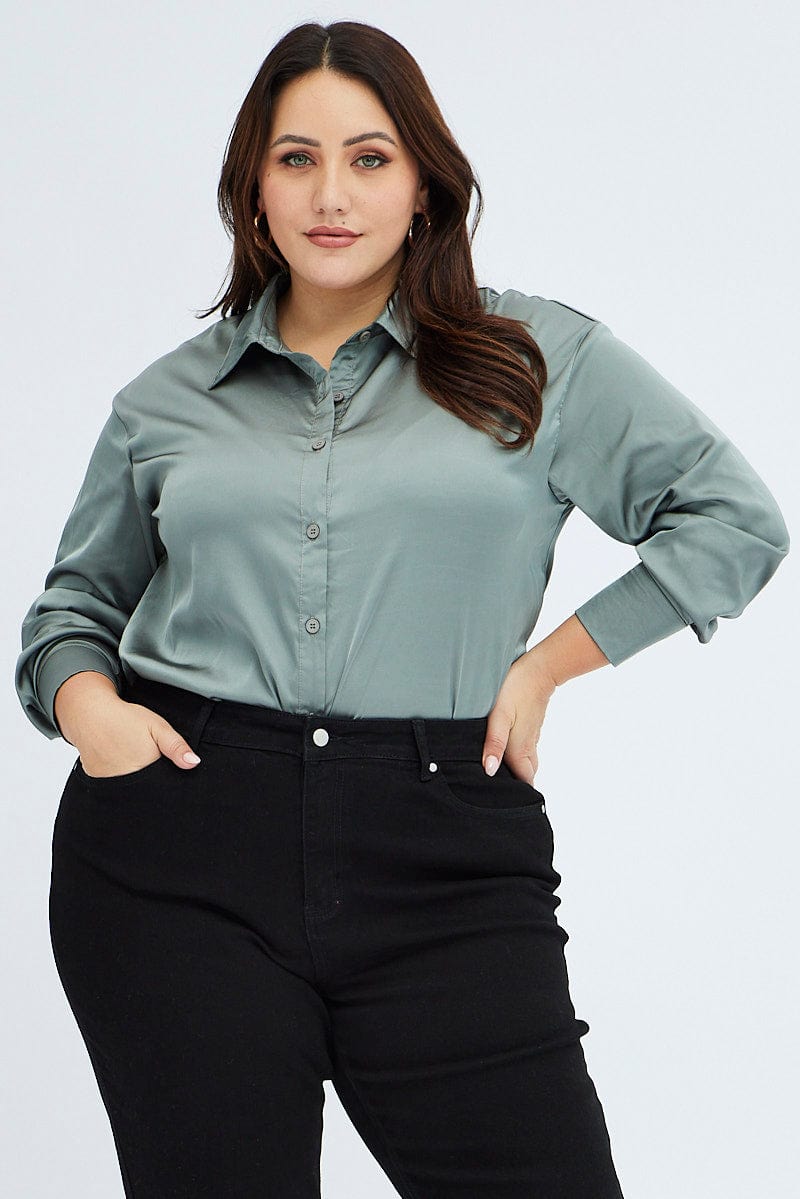 Green Relaxed Shirt Long Sleeve Satin for YouandAll Fashion