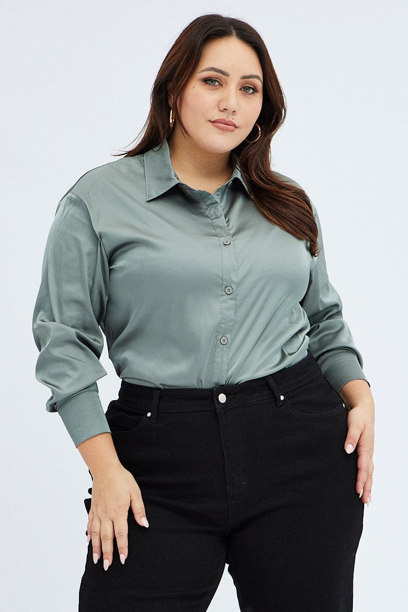 Green Relaxed Shirt Long Sleeve Satin for YouandAll Fashion