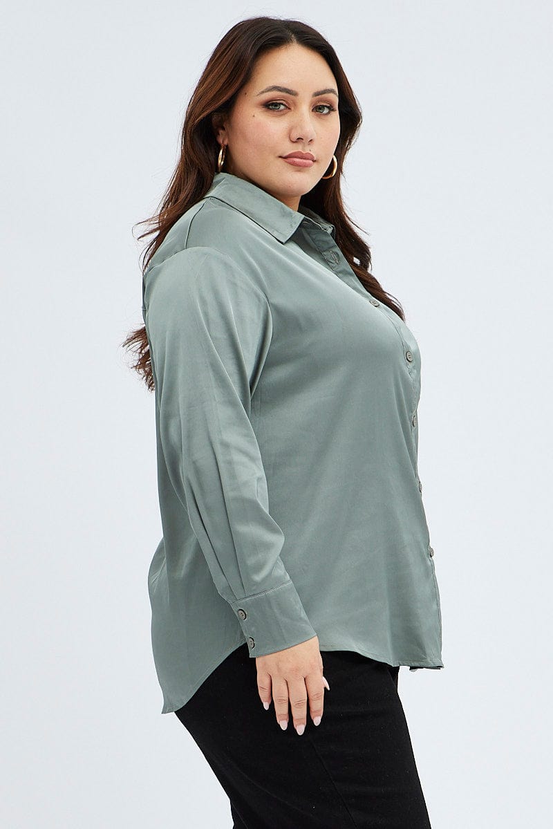 Green Relaxed Shirt Long Sleeve Satin for YouandAll Fashion