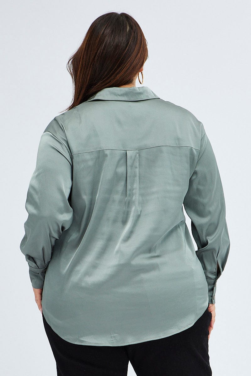 Green Relaxed Shirt Long Sleeve Satin for YouandAll Fashion