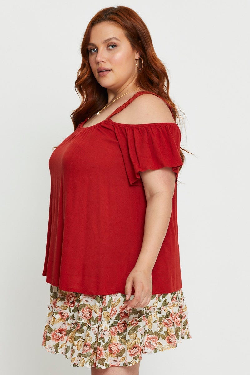 Rust Cold Shoulder Top Mid  Short Sleeve  for Women by You and All