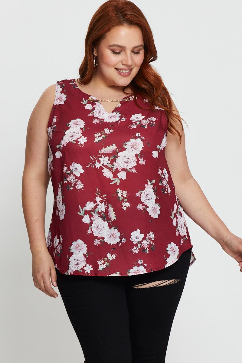 Floral Prt Shell Top Sleeveless Eyelet Chain For Women By You And All