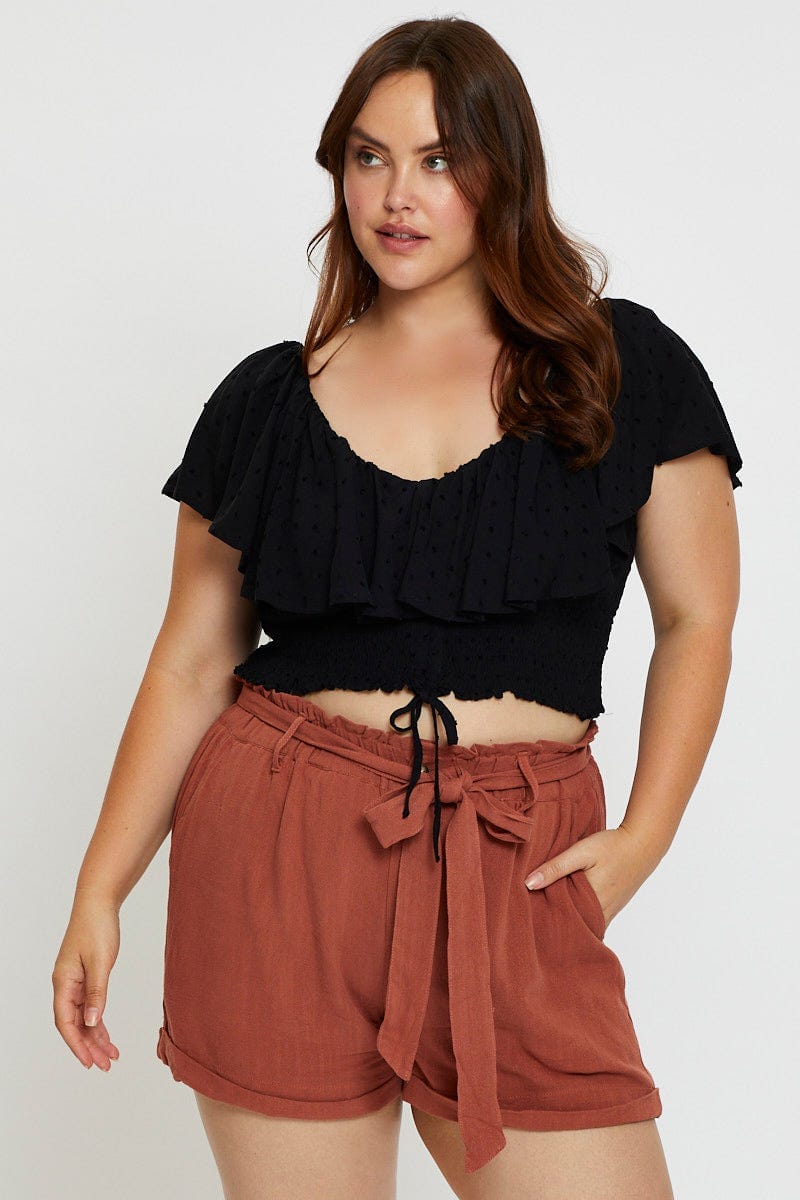 Black Crop Top Forest Short Sleeve Frill For Women By You And All