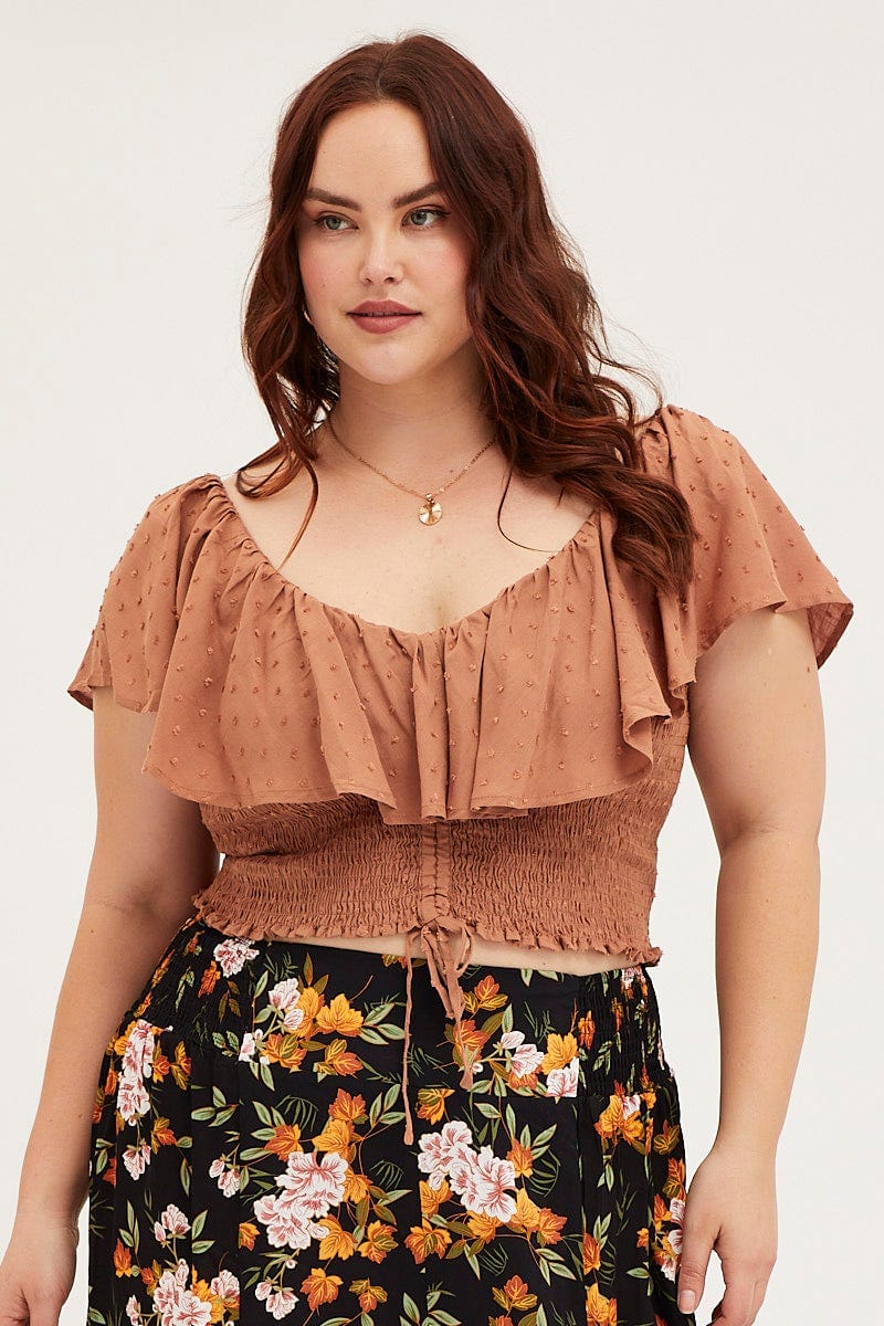 Brown Crop Top  Short Sleeve Frill  for Women by You and All